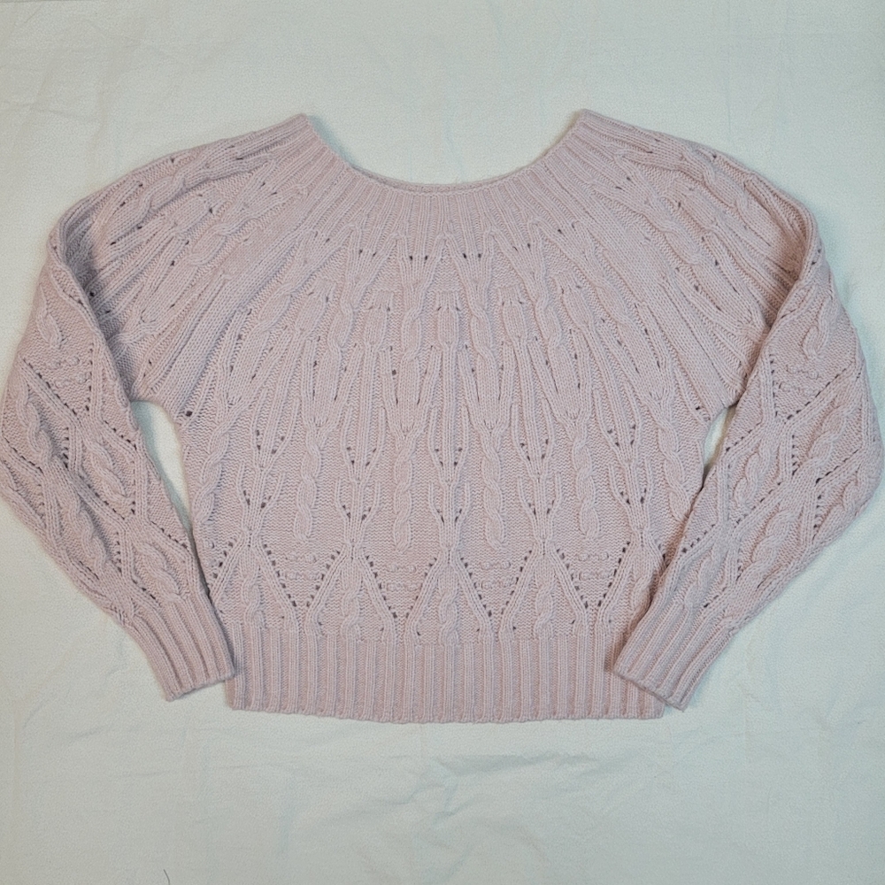 White House Black Market Boat Neck Cable Knit Sweater Heather Petal Blush, SMALL
